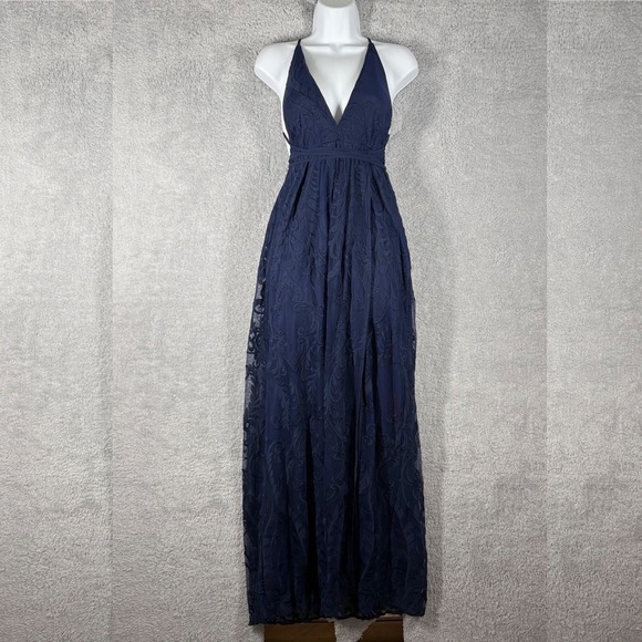 Hello Molly East Atlanta Lace Maxi Wrap Dress Size XS Navy Blue V Neck Backless - Picture 2 of 8